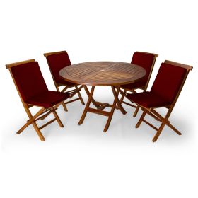 5-Piece 4-ft Teak Round Folding Table Set with Red Cushions