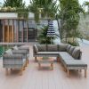 9-Piece Outdoor Patio Garden Wicker Sofa Set, Gray PE Rattan Sofa Set, with Wood Legs, Acacia Wood Tabletop, Armrest Chairs with Beige Cushions - Gray