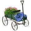 Wooden Wagon Plant Bed with Metal Wheels for Garden Yard Patio - Green